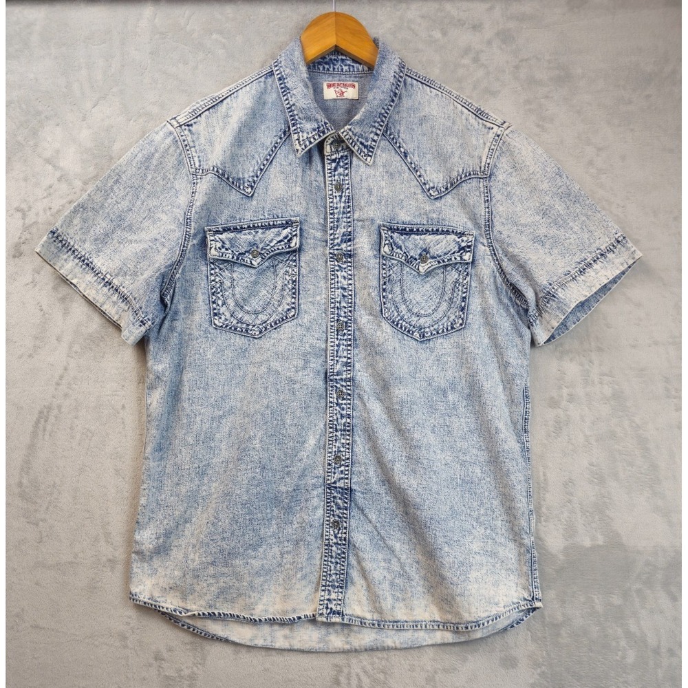 True Religion Chambray Denim Button Up Western Shirt Blue Acid Wash Men's Large